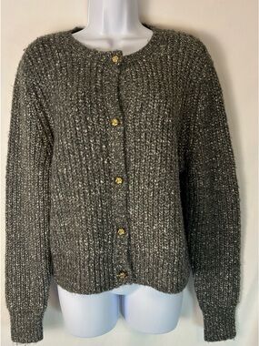 Rachel Zoe Gray Marled Knit Cardigan Gold Button Front Size M